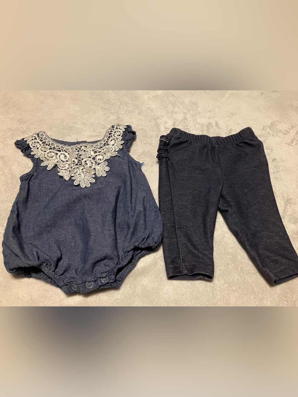 indigo soul Navy Bubble Romper with Lace Yoke and Matching Navy Ruffle Leggings